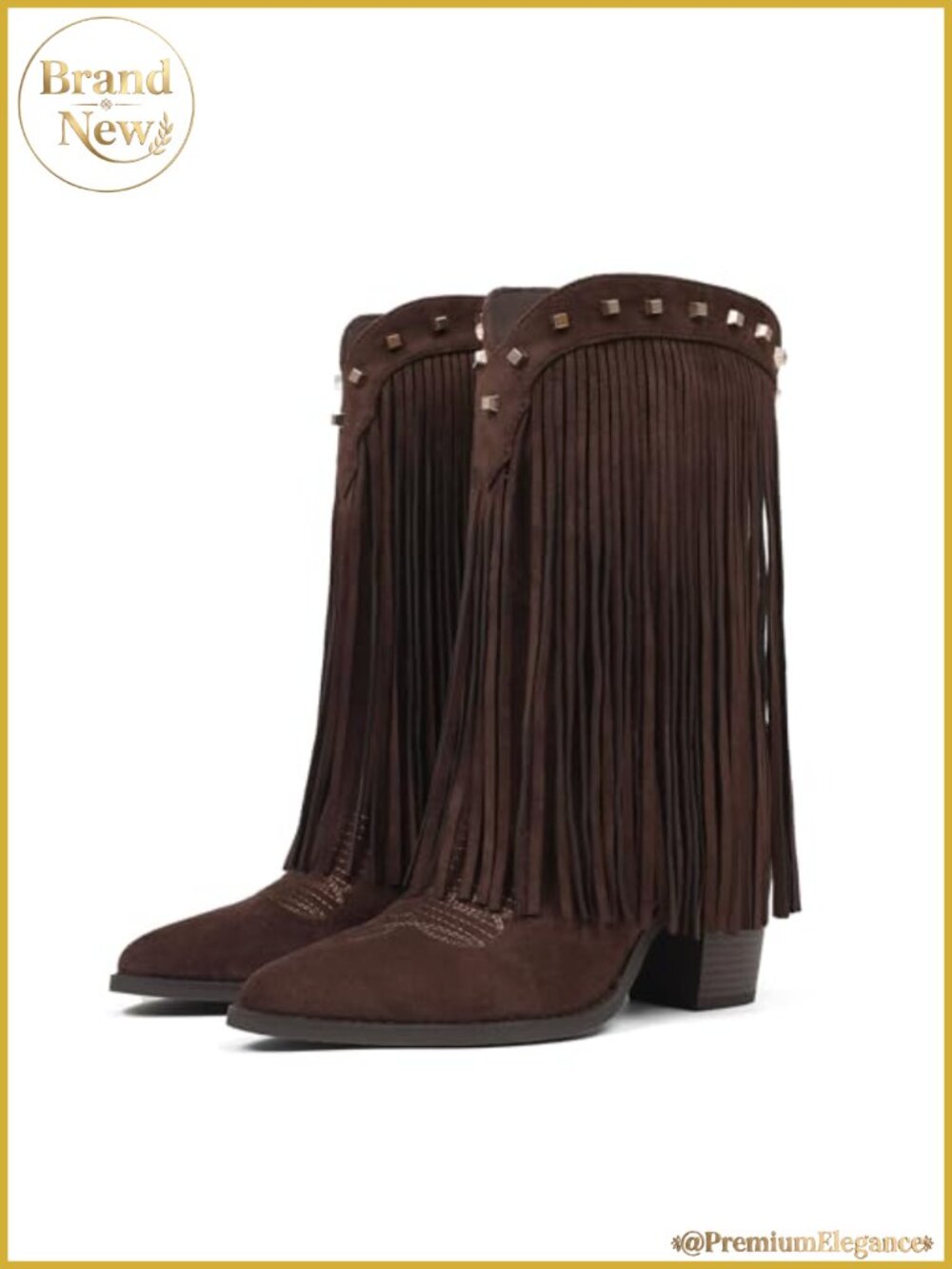 Fringe Cowboy Boots Faux Suede Mid Calf Western Pointed Toe Chunky Heel